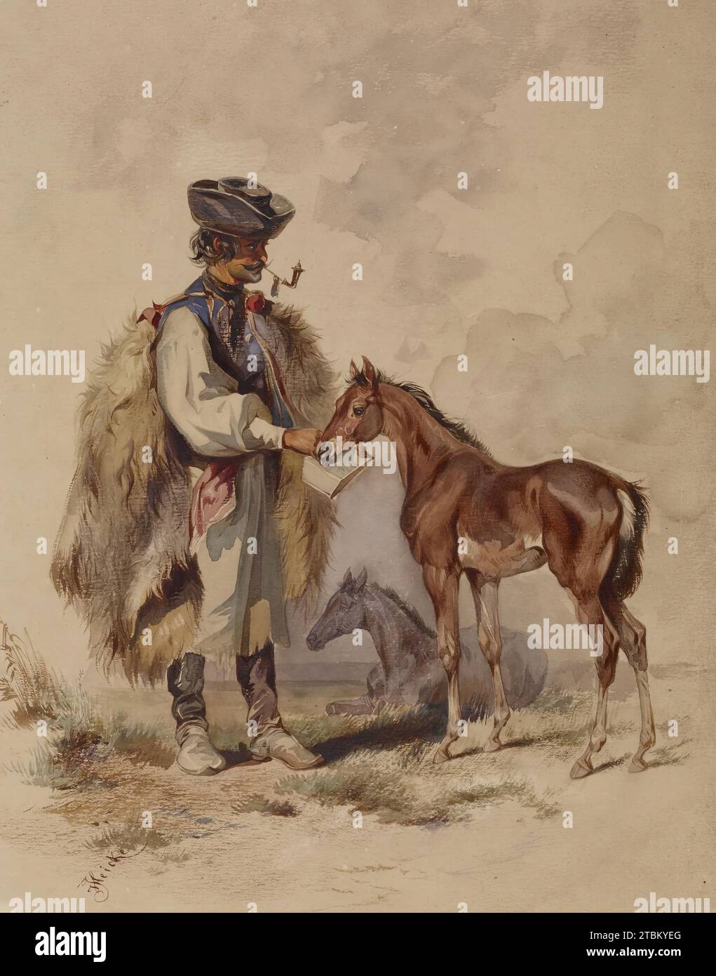 Contadino che dà da mangiare a una colta, c1850. Heicke era un pittore di animali e paesaggi e litografo, nato a Vienna nel 1811. Studiò all'accademia d'arte di quella città dal 1824 al 1831. Dopo il 1842 intraprese numerosi tour di disegno, viaggiando in Italia, Ungheria e Medio Oriente. Questo acquerello è probabilmente basato su una scena che ha visto in uno di questi viaggi, forse in Ungheria. L'uomo che dà da mangiare alla colt è vestito in costume tradizionale. Foto Stock