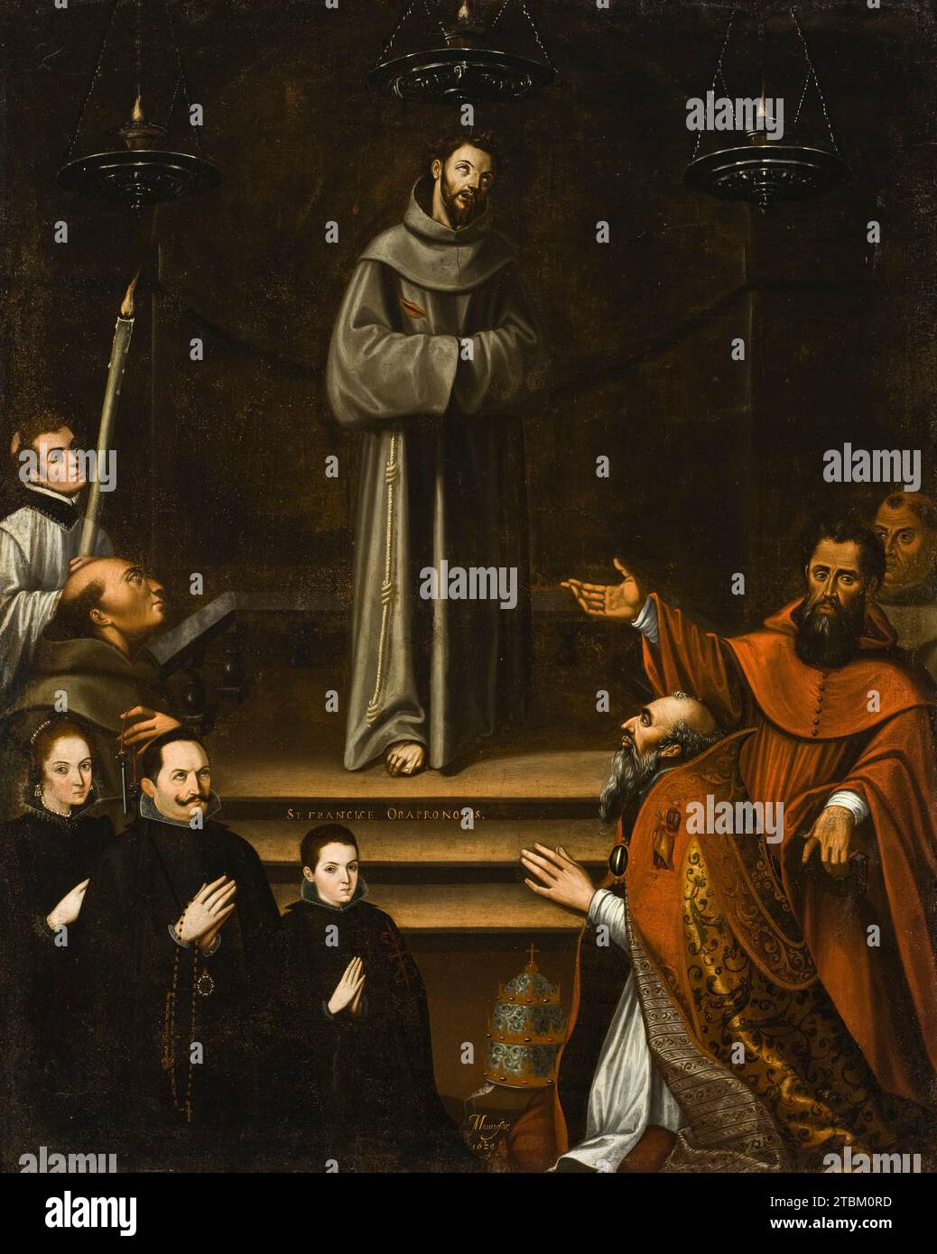 San Francesco d'Assisi appare davanti a Papa Nicola V, con donatori (la aparici&#xf3;n de San Francisco de as&#xed;S al Papa Nicol&#xe1;S V, con donantes), 1628. Foto Stock