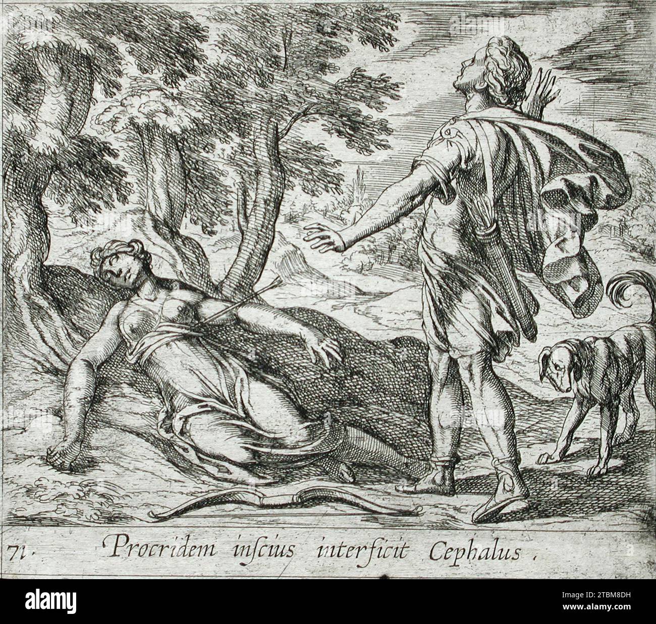 Procris Killed by Cephalus's Javelin, pubblicato nel 1606. Serie: Le metamorfosi di Ovidio, PL. 71. Foto Stock