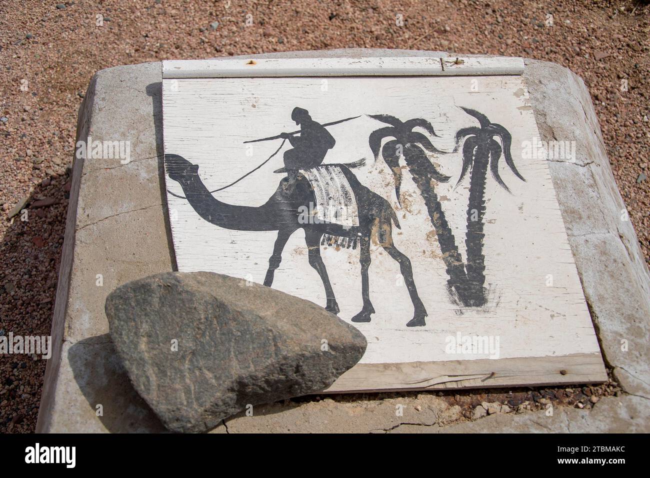 Dipinto di un cammello beduino accanto alla palma su un legno. Dahab, Egitto Foto Stock