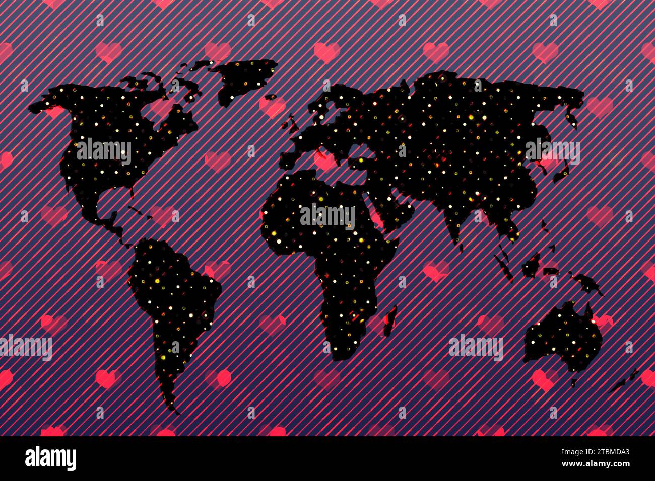 Design della mappa mondiale con pattern cardiaco. Terra con continenti. Mappa di europa e america, Asia e Australia. Modello di mappa della Terra piatta per il sito Web Foto Stock