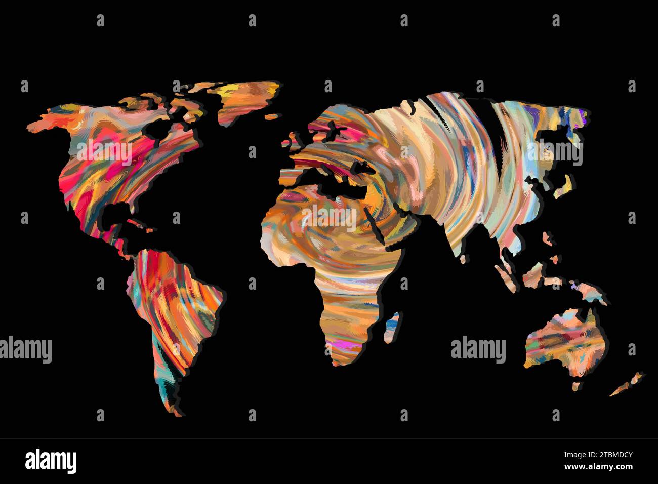 Circa delineato mappa del mondo con una colorata motivi di sfondo Foto Stock