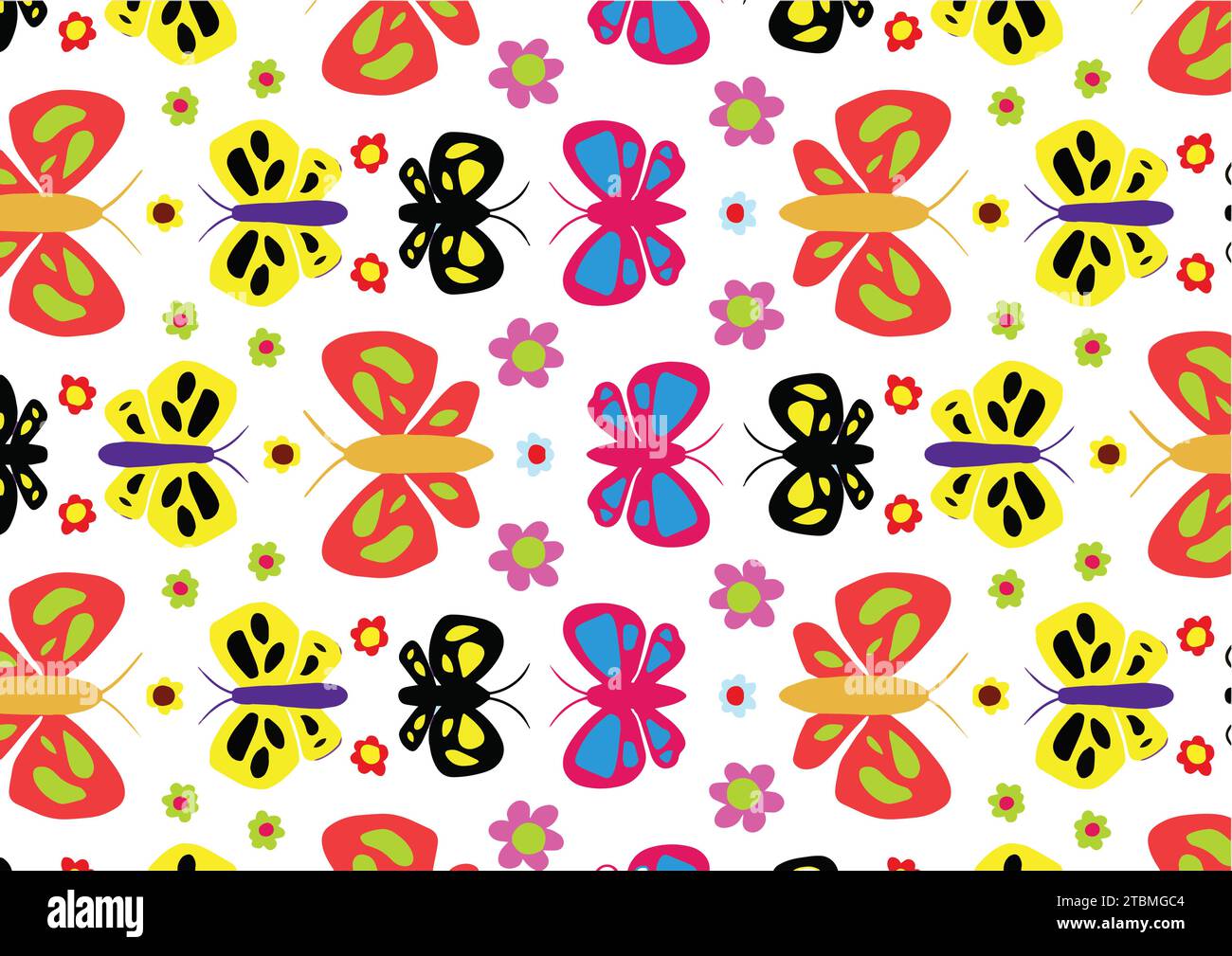 Un motivo senza cuciture di farfalle colorate e fiori su sfondo bianco Illustrazione Vettoriale