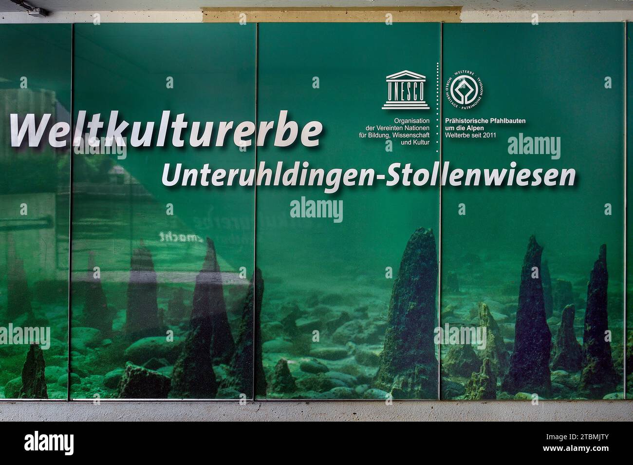 Poster pubblicitario, galleria di prati, patrimonio dell'umanità, Unteruhldingen, Baden-Wuerttemberg, Germania Foto Stock