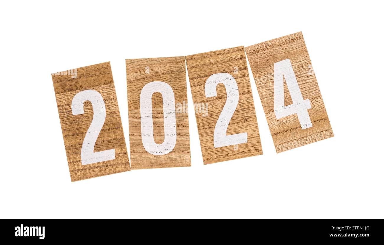 Il testo dell'anno 2024 su carta di legno Foto Stock