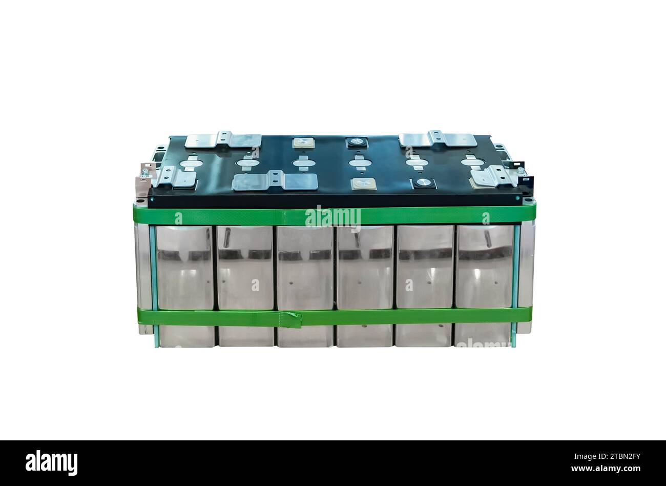 Batteria al litio per auto elettriche e collegamenti di alimentazione isolati su sfondo bianco Foto Stock
