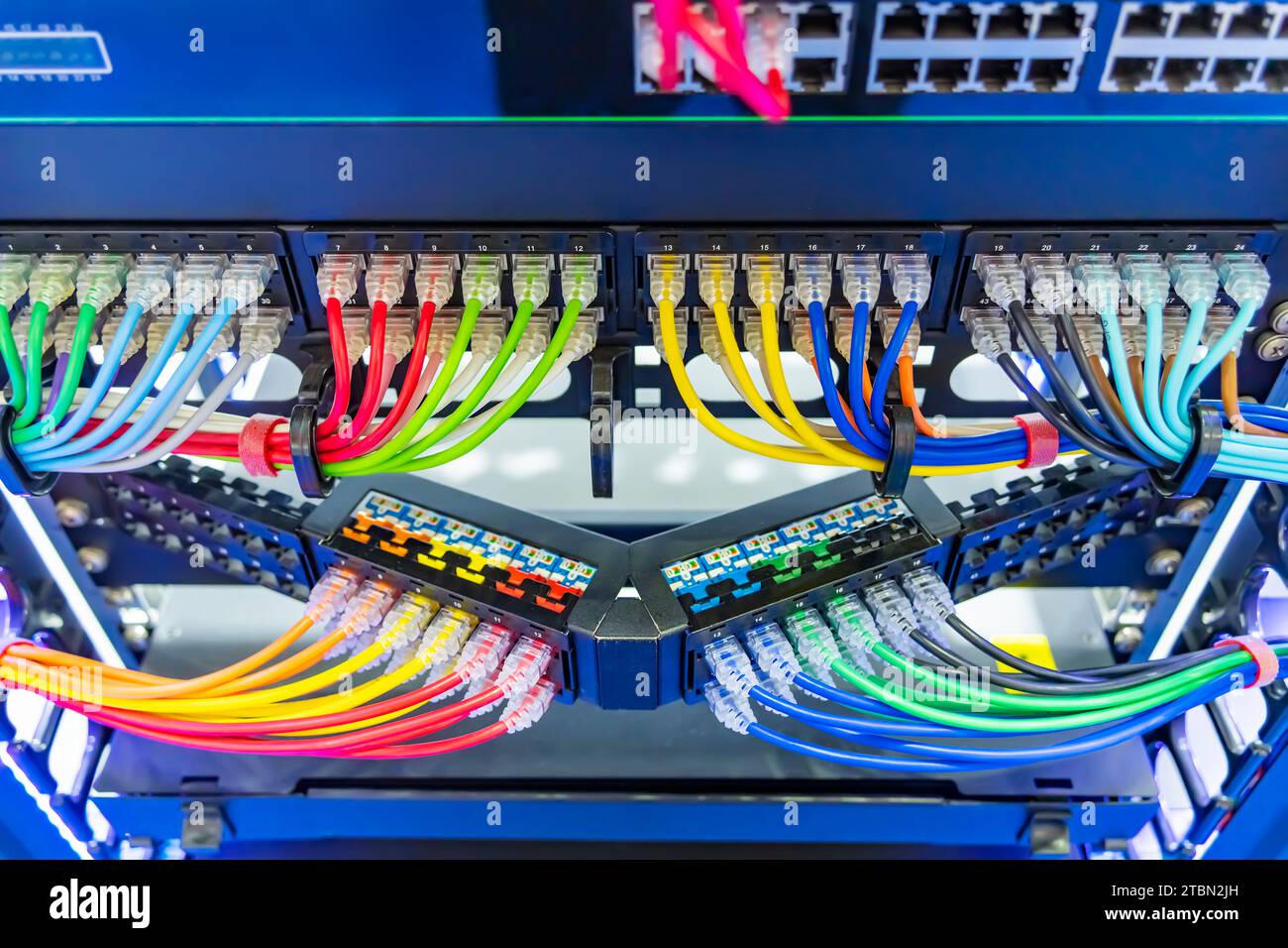 Pannello di rete, switch e cavo colorato nel data center Foto Stock