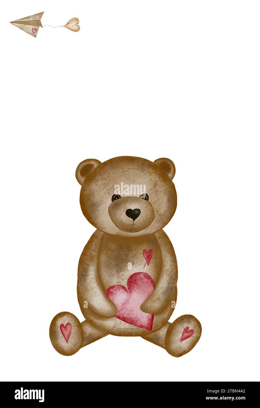 Disegno ad acquerello di un grazioso orso con un cuore. Modello di biglietto di San Valentino con grazioso orsacchiotto. Tessera vacanze per i propri cari Foto Stock