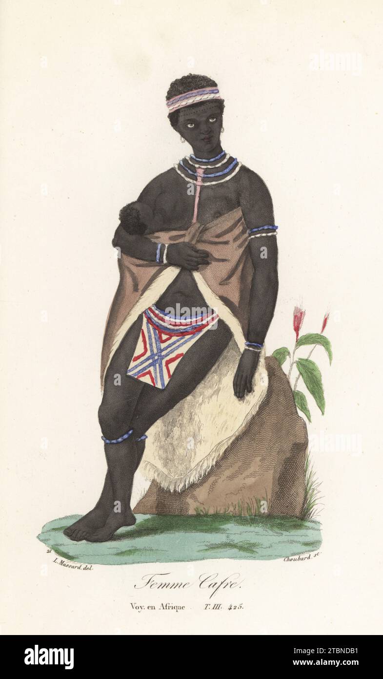 Donna Xhosa che allatta un bambino, Sud Africa. Indossa una fascia, collane, bracciali e caviglie, un mantello in pelle di animale e un grembiule con perline. Adattato da un'illustrazione di Cowper Rose, Royal Engineers, in quattro anni in Sud Africa. Femme Cafre. Incisione a capriolo a mano su acciaio di Choubard dopo un'illustrazione di Leopold Massard e Ferdinand Wachsmuth dalla Collection de Portraits et Costumes des Diffens peuples qui habitent les cinq parties du monde, Armand-Aubree, Parigi, 1837. Foto Stock Donna Xhosa che allatta un bambino, Sud Africa. Indossa una fascia, collane, bracciali e caviglie, un mantello in pelle di animale e un grembiule con perline. Adattato da un'illustrazione di Cowper Rose, Royal Engineers, in quattro anni in Sud Africa. Femme Cafre. Incisione a capriolo a mano su acciaio di Choubard dopo un'illustrazione di Leopold Massard e Ferdinand Wachsmuth dalla Collection de Portraits et Costumes des Diffens peuples qui habitent les cinq parties du monde, Armand-Aubree, Parigi, 1837. Foto Stock