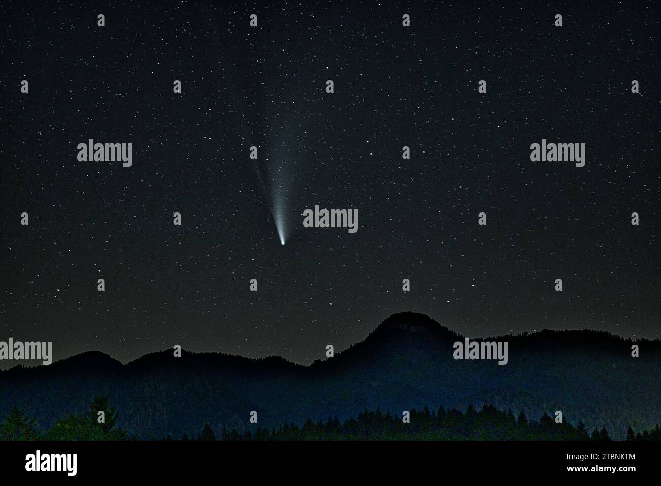 La cometa NEOWISE nell'estate del 2020, fotografata nelle Alpi. La lanterna in primo piano era rotta. Foto Stock