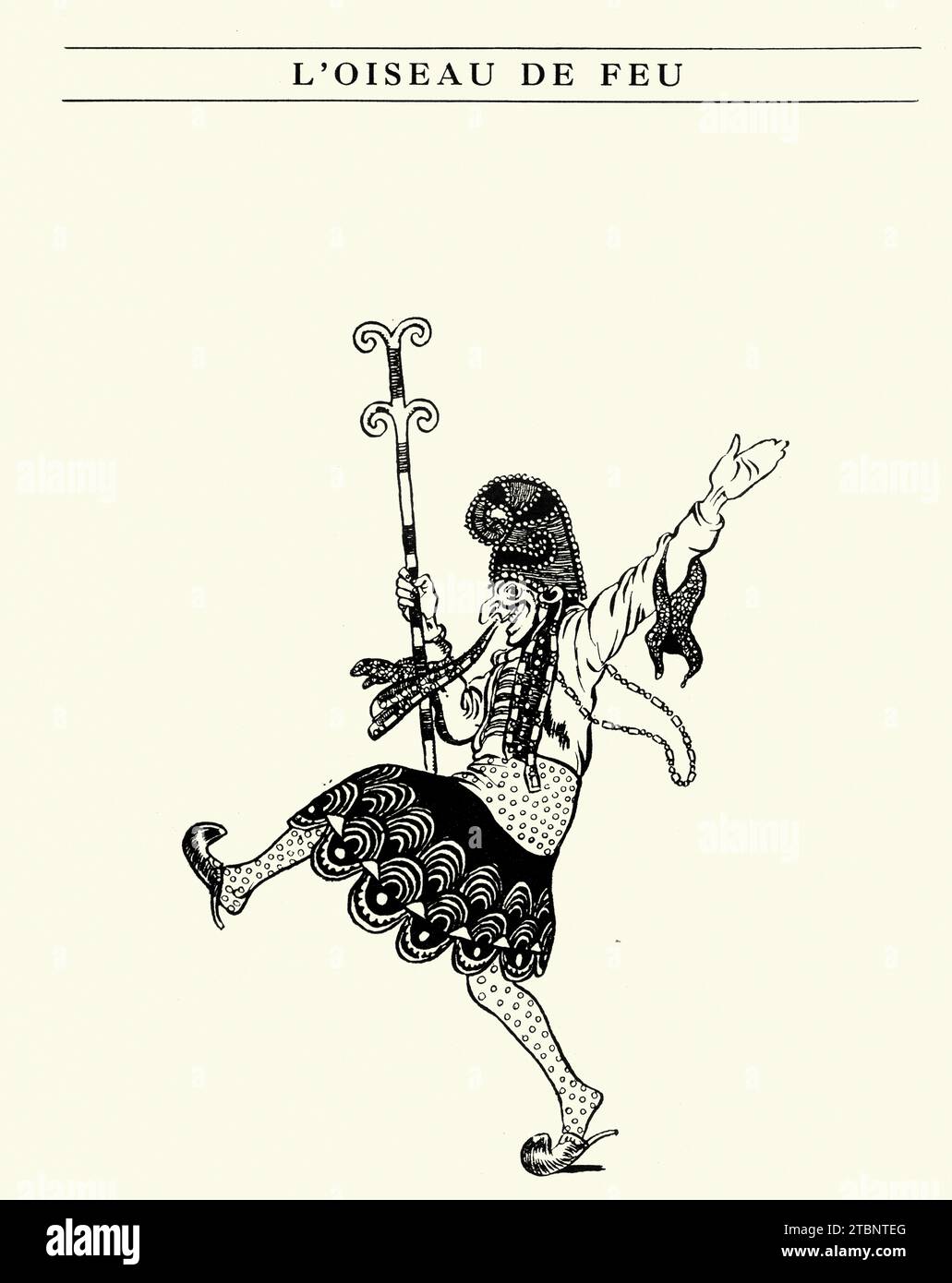 Ballerino maschile, disegno del costume per l'Oiseau de feu, l'uccello di fuoco, un balletto e un concerto orchestrale del compositore russo Igor Stravinsky Foto Stock