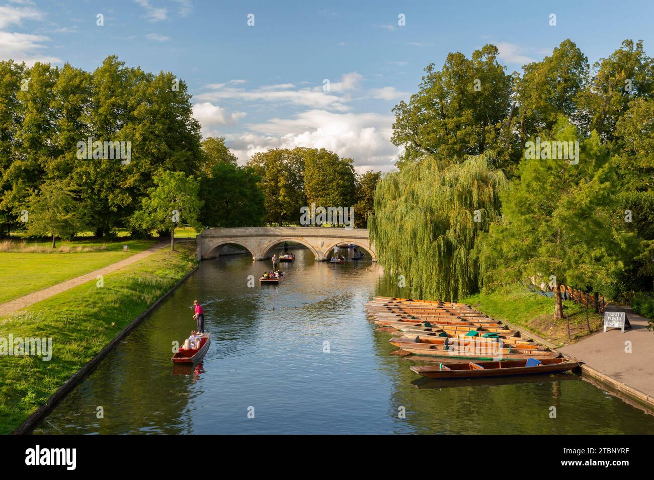 Punts sul fiume Cam nella città universitaria di Cambridge, Cambridgeshire, Inghilterra. Autunno (settembre) 2023. Foto Stock