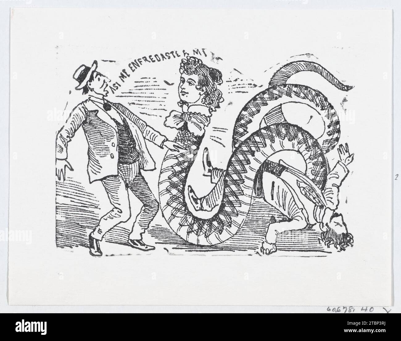 Un serpente con la testa di una donna che scivola verso un uomo spaventato, un'illustrazione di "The Ballad of the Snake Woman" (ristampata nel 1930) 1960 di Jose Sanchez Foto Stock