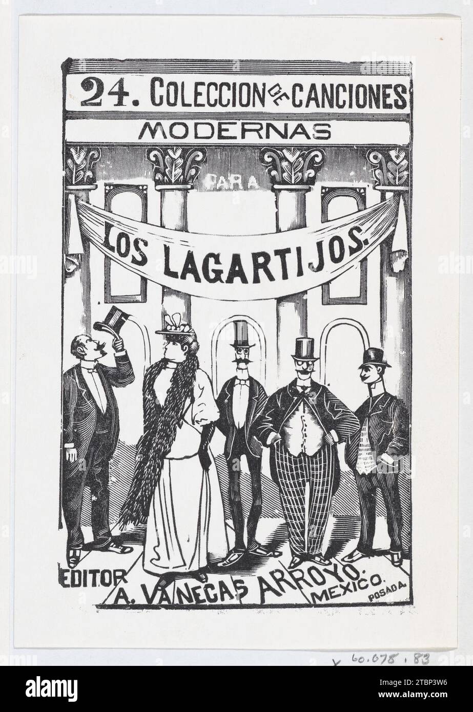 Quattro uomini e una donna in abiti eleganti in fila sotto uno striscione, illustrazione per "Los Lagartijos (The Dandies)" 1960 di Jose Sanchez Foto Stock