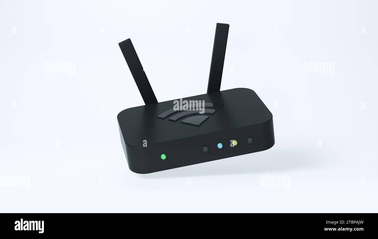 Semplice router WiFi Internet nero con antenne su sfondo Soft Light Studio. Concetto Ethernet. Isolato. Stile minimalista dei cartoni animati. Icona minimale. Foto Stock