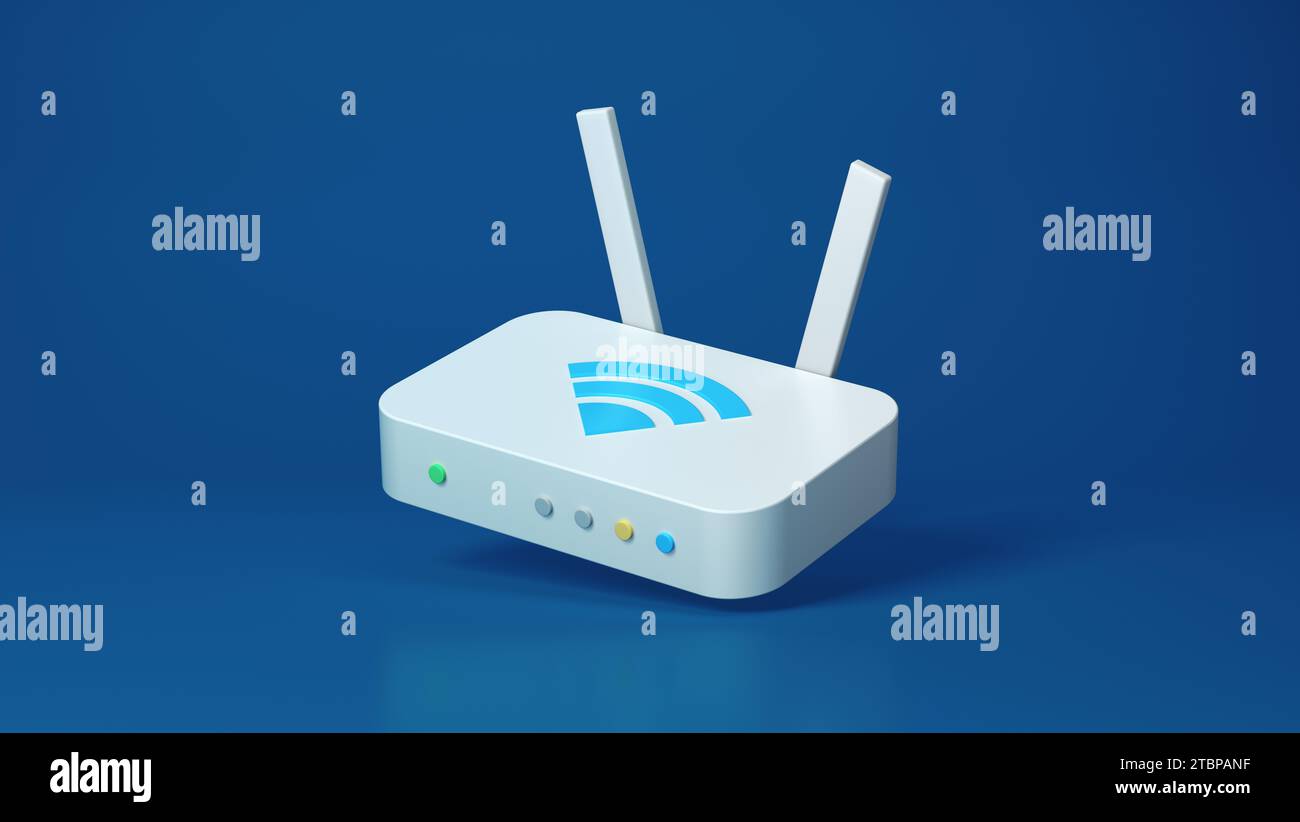 Semplice router WiFi Internet bianco con antenne su sfondo blu Studio. Concetto Ethernet. Isolato. Stile minimalista dei cartoni animati. Icona minimale. 3D. Foto Stock