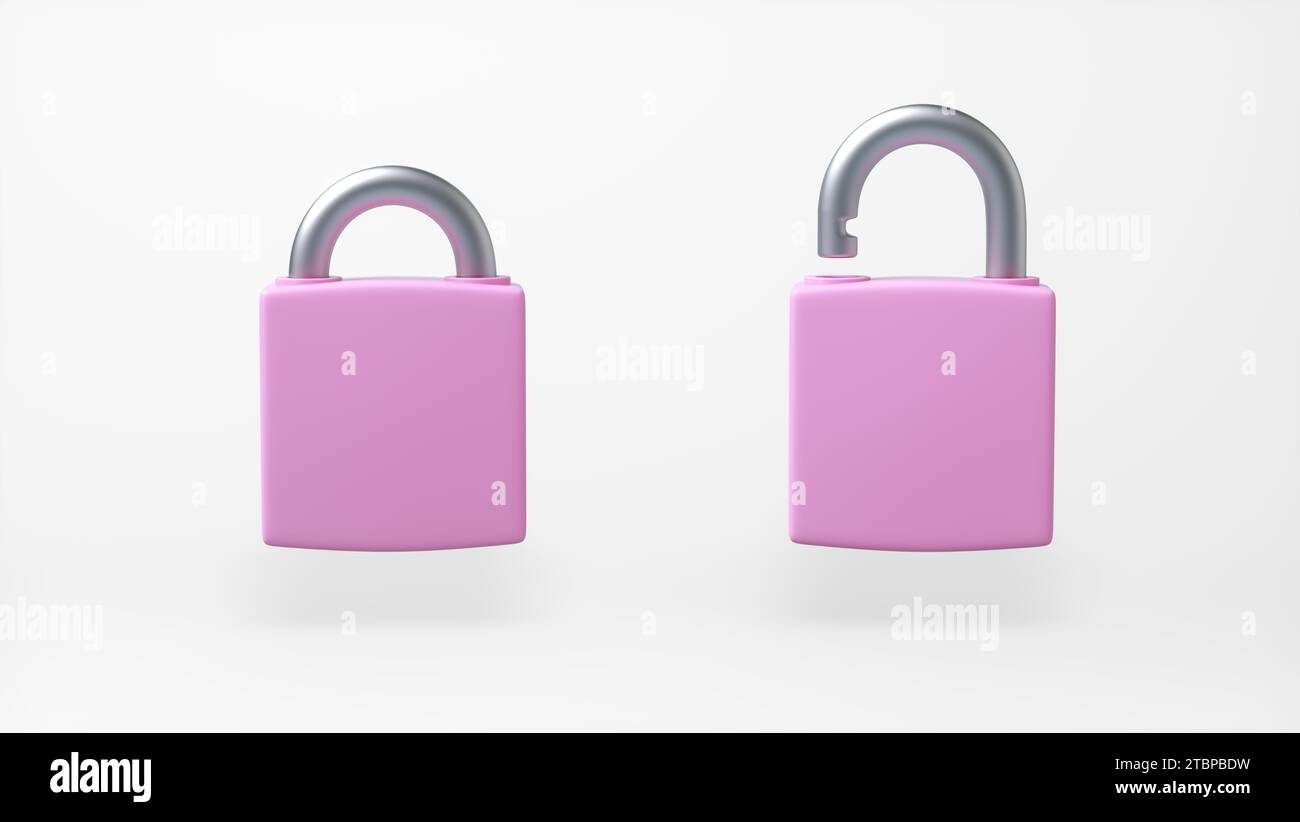 Lucchetti rosa bloccati e sbloccati isolati su sfondo bianco. Stile minimalista dei cartoni animati. Concetto di sicurezza. Illustrazione rappresentazione 3D. Foto Stock