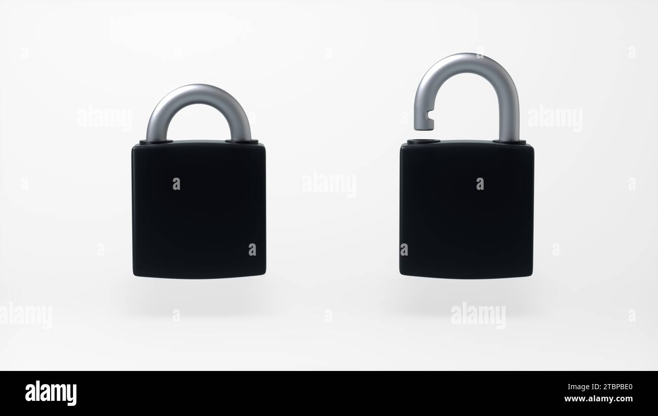 Lucchetti ack bloccati e sbloccati isolati su sfondo bianco. Stile minimalista dei cartoni animati. Concetto di sicurezza. Illustrazione rappresentazione 3D. Foto Stock