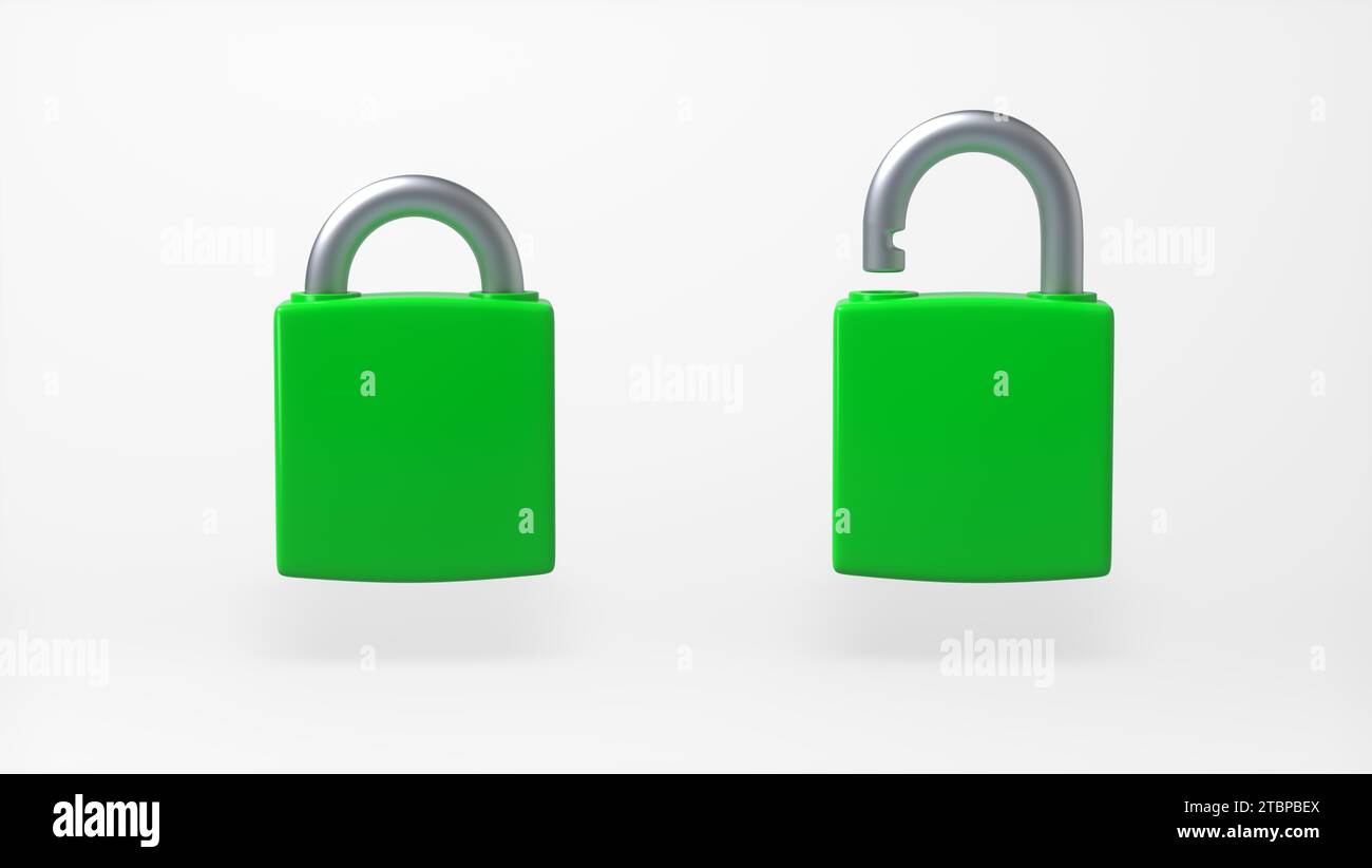 Lucchetti verdi bloccati e sbloccati isolati su sfondo bianco. Stile minimalista dei cartoni animati. Concetto di sicurezza. Illustrazione rappresentazione 3D. Foto Stock