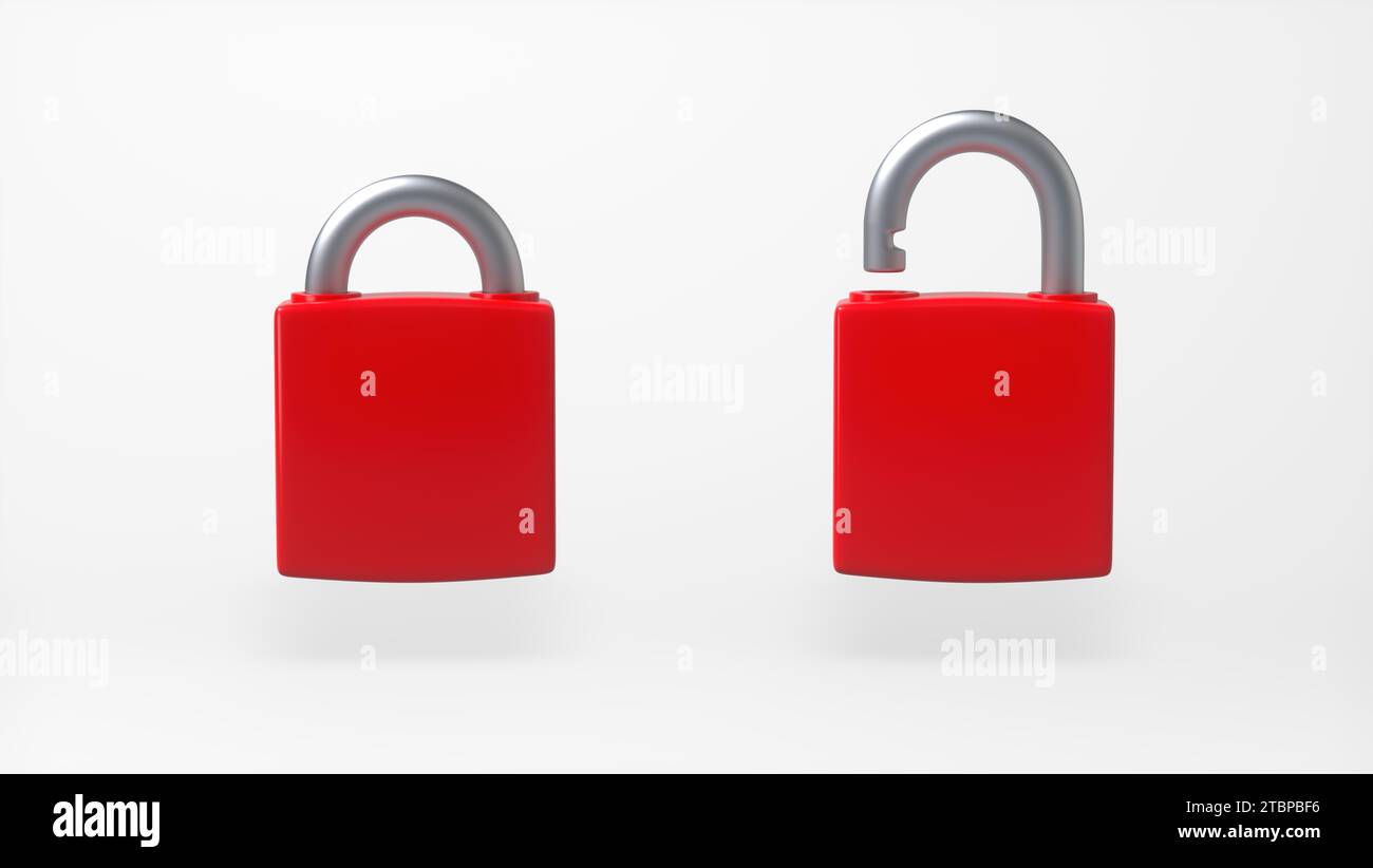 Lucchetti rossi bloccati e sbloccati isolati su sfondo bianco. Stile minimalista dei cartoni animati. Concetto di sicurezza. Illustrazione rappresentazione 3D. Foto Stock