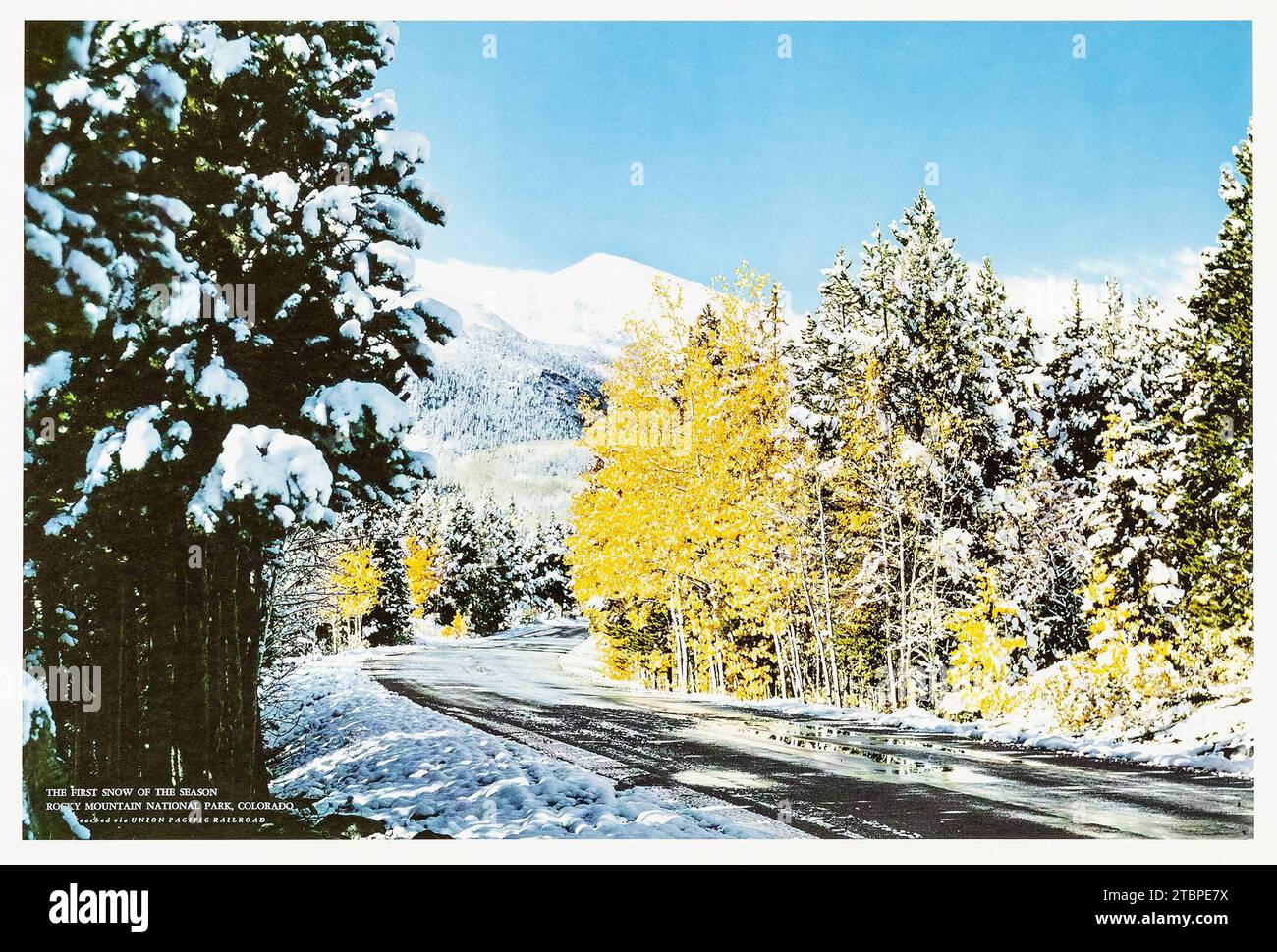 Poster di viaggio americano d'epoca - la prima neve - Rocky Mountain National Park, Colorado - Pacific Railroad poster anni '1950 Foto Stock