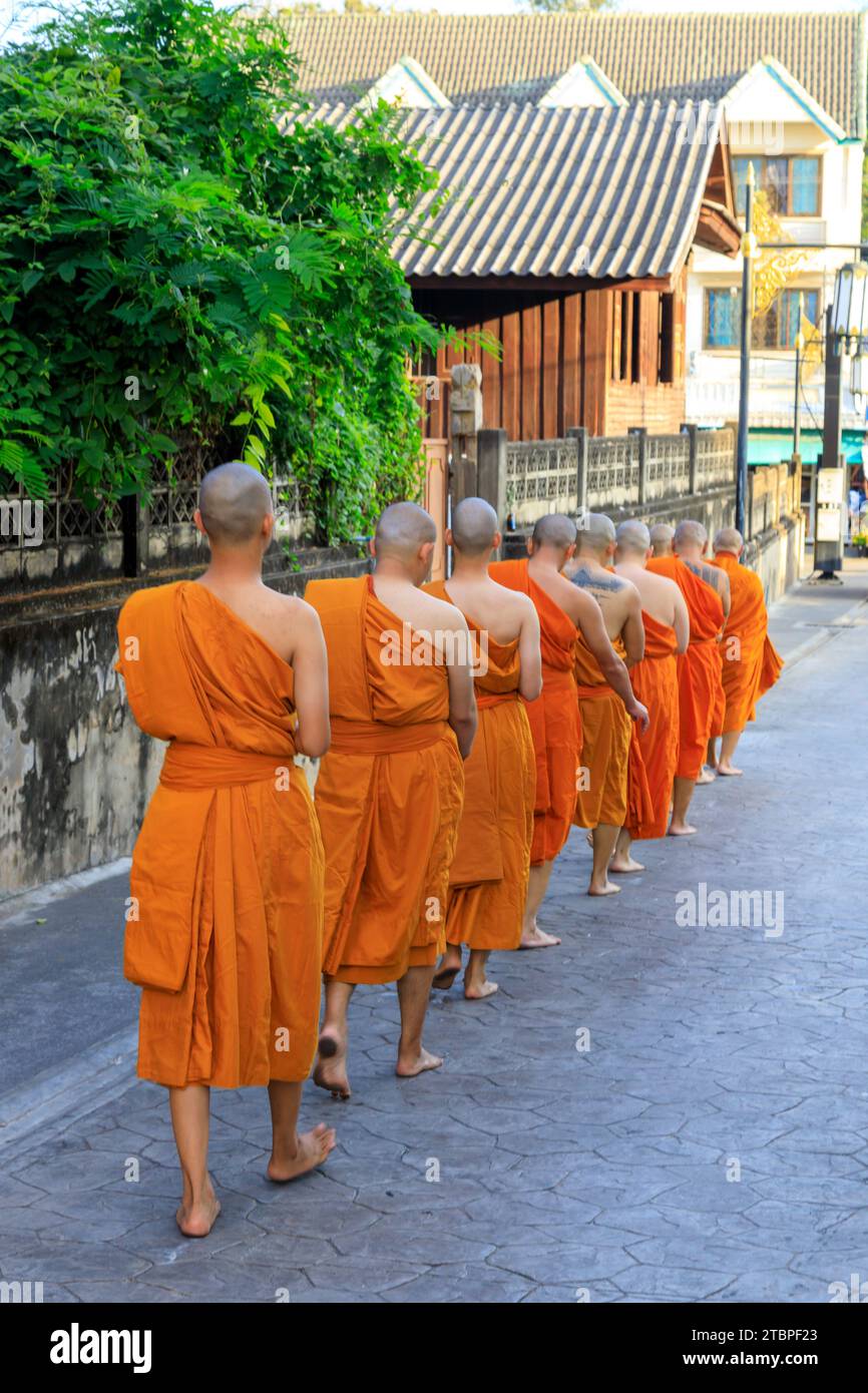 Lampang, Thailandia - 2 dicembre 2023: Monaci buddisti thailandesi Theravada che camminano per le elemosine mattutine a Nakhon Lampang, Thailandia. Foto Stock