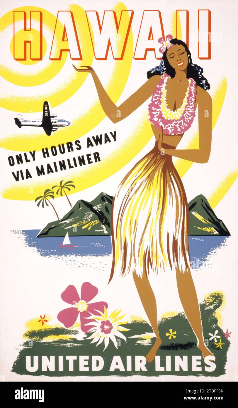 Poster di viaggio americano d'epoca - Hawaii - a solo poche ore di distanza via Mainliner - United Air Lines 1950, Hula Dancing Girl Foto Stock