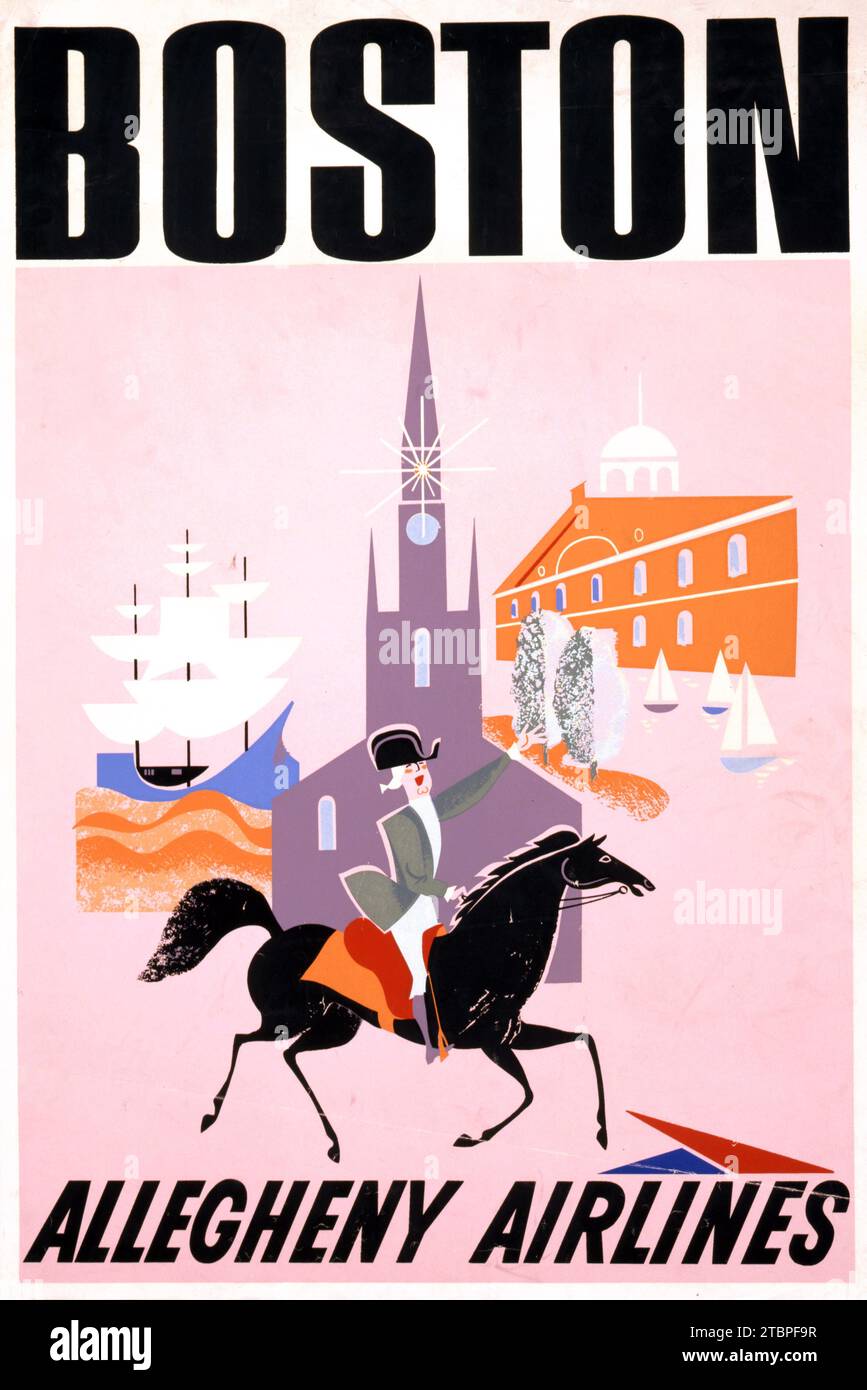Poster di viaggio americano per Allegheny Airlines che mostra Paul Revere a cavallo, la Old North Church, la nave Mayflower e la Faneuil Hall a Boston, Massachusetts, 1950 Foto Stock