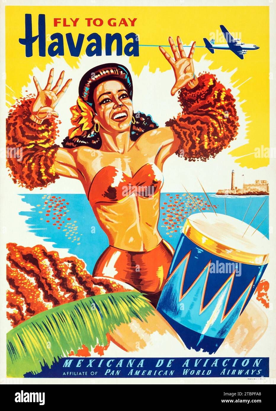 CUBA - volo per Gay Havana (anni '1950) poster di viaggio messicano, Mexicana De Aviacion Pan American Foto Stock