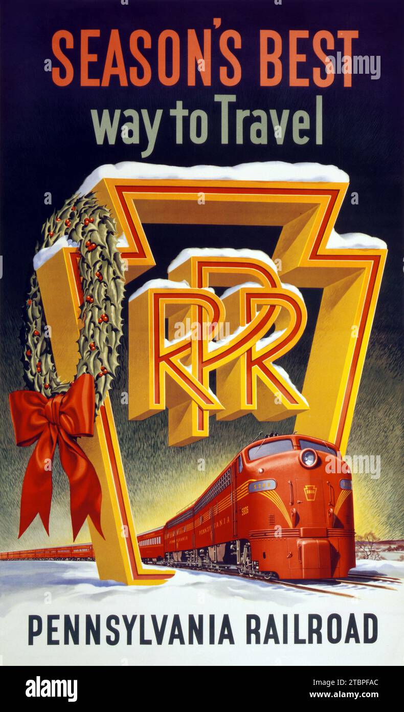 Poster americano - il modo migliore per viaggiare della stagione. Poster della Pennsylvania Railroad, Natale 1955 Foto Stock