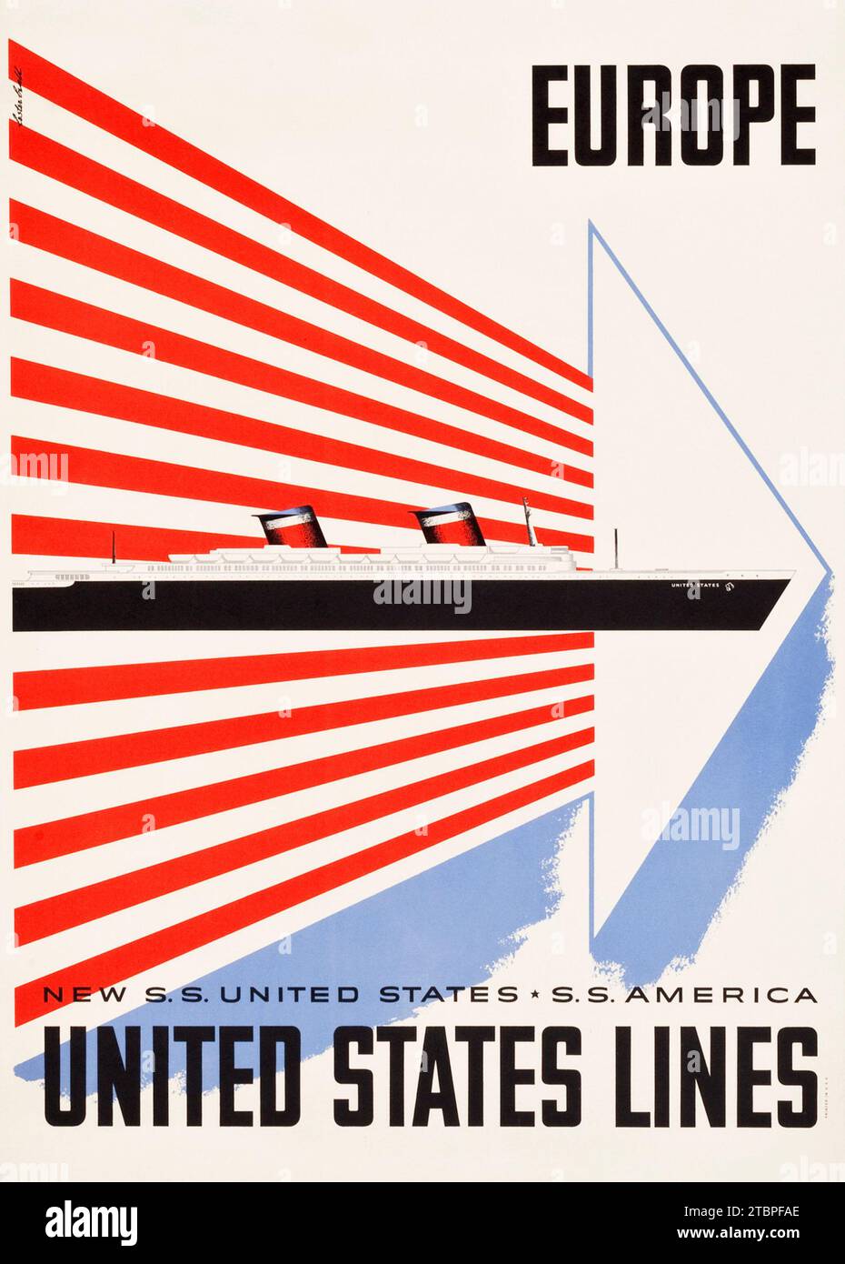 United States Lines Travel poster (c. 1952). Poster vintage "Europe - United States Lines". Liner SS America e SS Stati Uniti Foto Stock