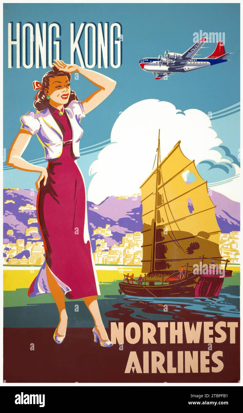 Poster che promuove viaggi a Hong Kong - Northwest Airlines - poster di viaggio americano degli anni '1950 Foto Stock
