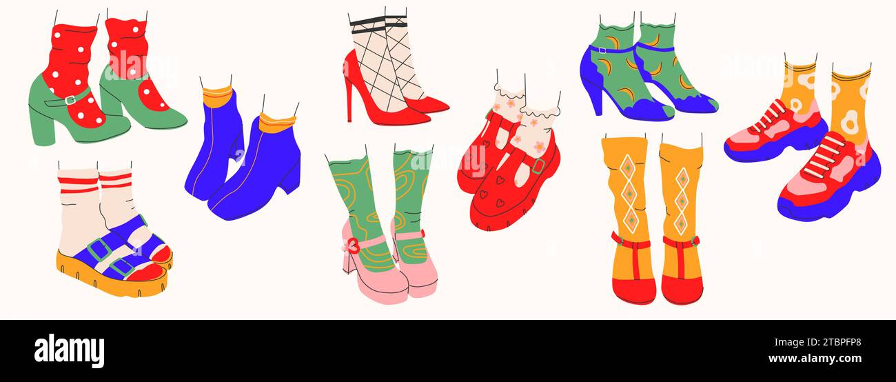 Collezione di icone delle scarpe da donna con e senza tacco.scarpe, ciabatte, sneakers in uno stile alla moda. Vettore isolato Illustrazione Vettoriale