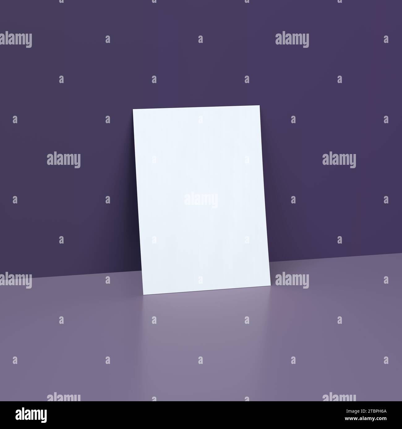 Mockup di poster bianchi su sfondo viola scuro con riflesso. Template, Mockup. Illustrazione rappresentazione 3D. Foto Stock