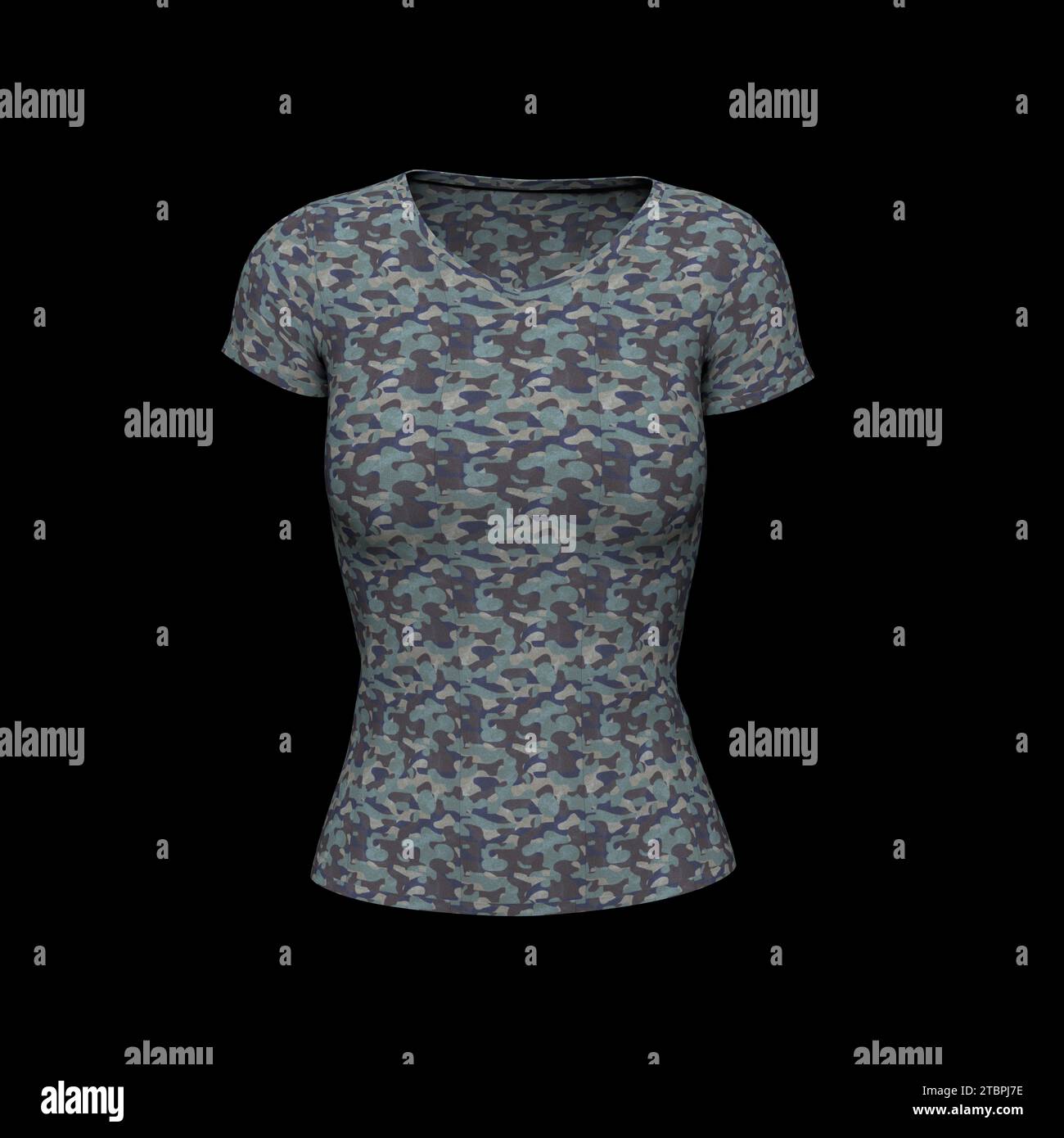 T-shirt tattica camouflage - donna isolata su sfondo nero. Layout creativo. Mockup e spazio per Text and Logo Company. Concetto militare. 3D. Foto Stock