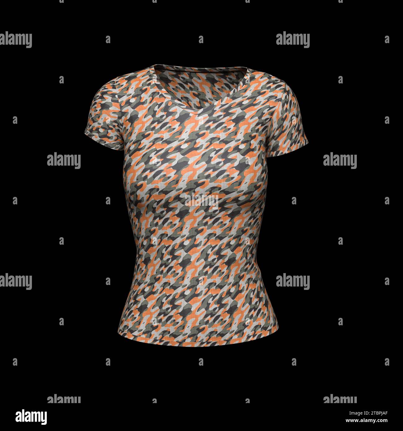 T-shirt tattica camouflage - donna isolata su sfondo nero. Layout creativo. Mockup e spazio per Text and Logo Company. Concetto militare. 3D. Foto Stock