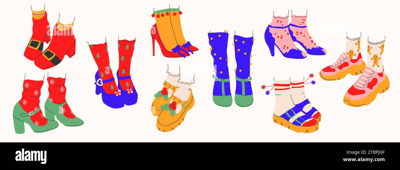 Collezione di scarpe in costume da donna per Natale e Capodanno con e senza tacchi in uno stile alla moda.Isolated.Vector Illustrazione Vettoriale