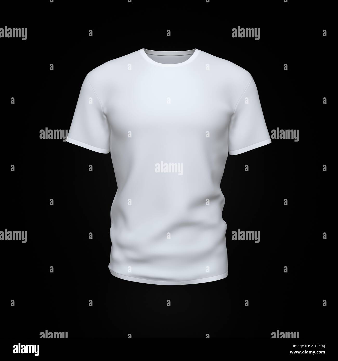 T-shirt bianca da uomo isolata su sfondo nero. Layout creativo. Mockup e spazio per Text and Logo Company. Concetto aziendale. Rappresentazione 3D. Foto Stock