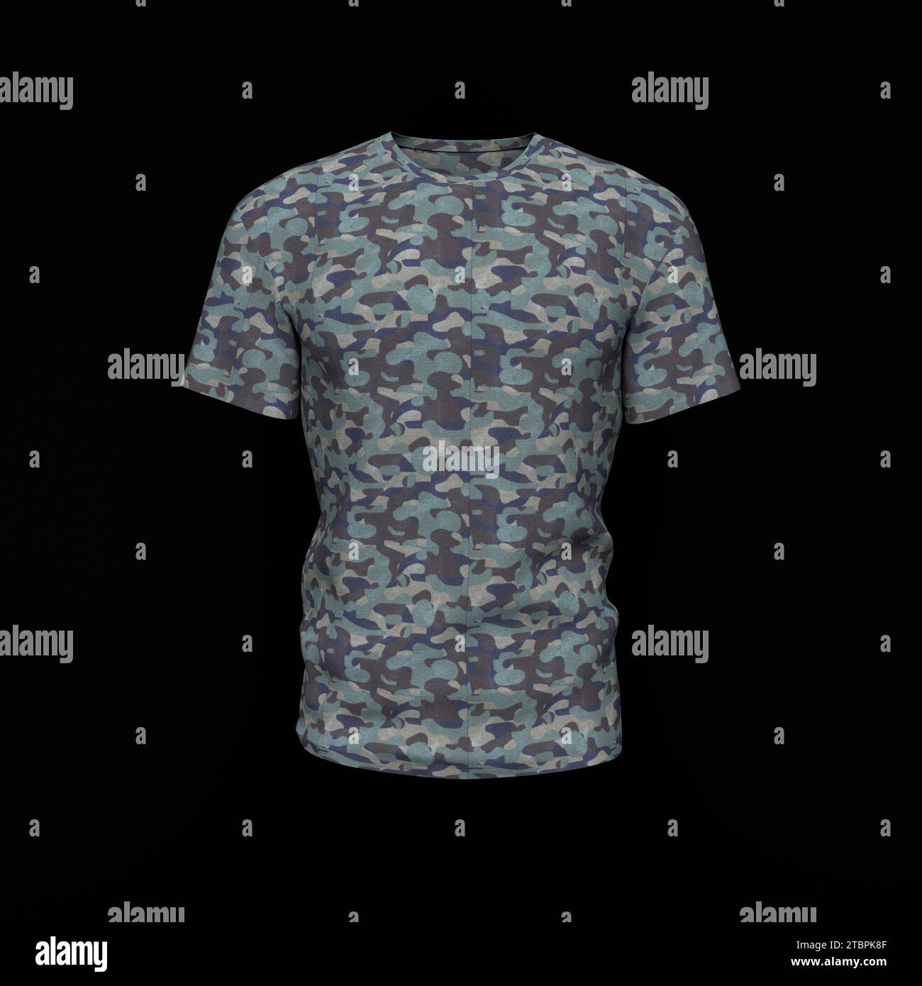 T-shirt tattica da uomo camouflage isolata su sfondo nero. Layout creativo. Mockup e spazio per Text and Logo Company. Concetto militare. 3D. Foto Stock