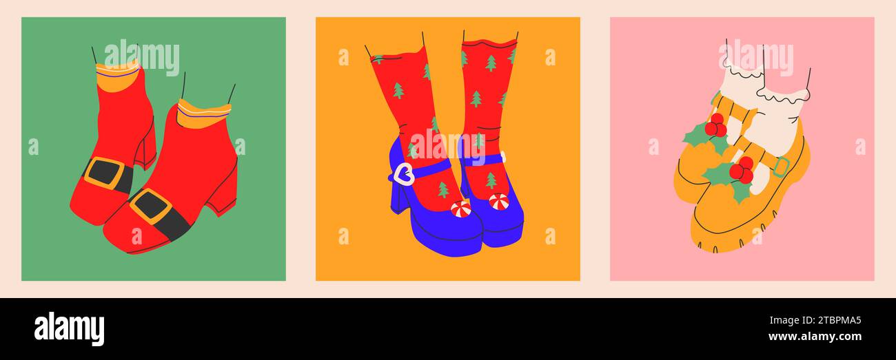 Collezione di scarpe in costume da donna per Natale e Capodanno con e senza tacchi in uno stile alla moda.Isolated.Vector Illustrazione Vettoriale
