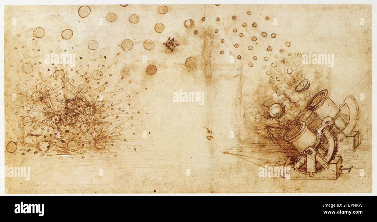 Leonardo da Vinci.1452-1519.Treuil à deux roues et mortiers tirant des proiettili explosifs. Foto Stock