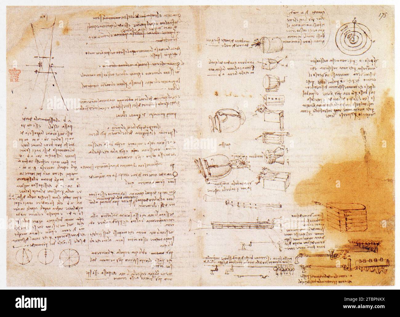 Leonardo da Vinci.1452-1519.études sur la pesanteur et sur la légèreté . Tambours et Instruments à vent à clavier. Foto Stock