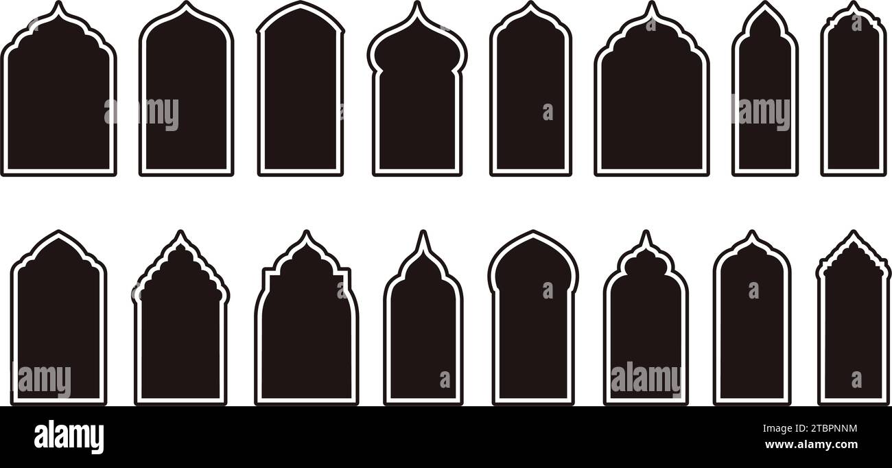 Forme vettoriali islamiche versatili che mettono in risalto gli archi delle finestre e delle porte. Set cornici arabe con icone silhouette Ramadan Kareem. Eleganti design della porta della moschea Illustrazione Vettoriale