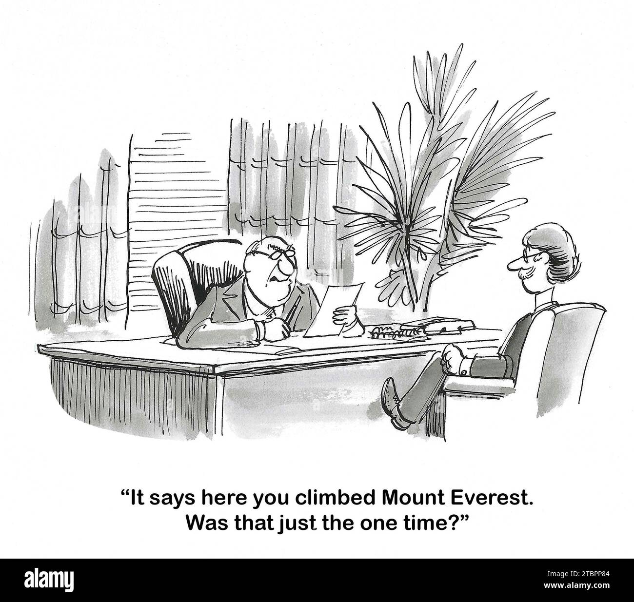 Cartone animato B&W del reclutatore di lavoro maschile, che è intimidito, chiedendo al candidato di lavoro maschile se ha scalato il Monte Everest solo una volta. Foto Stock