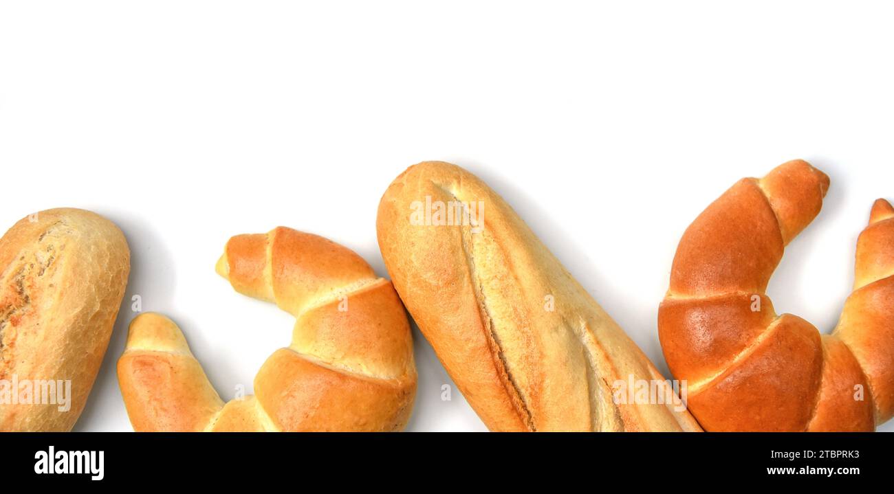 Banner di pane fresco e croccante con vista panoramica. Pane croccante, baguette francese e bagel con spazio per la copia. Foto Stock
