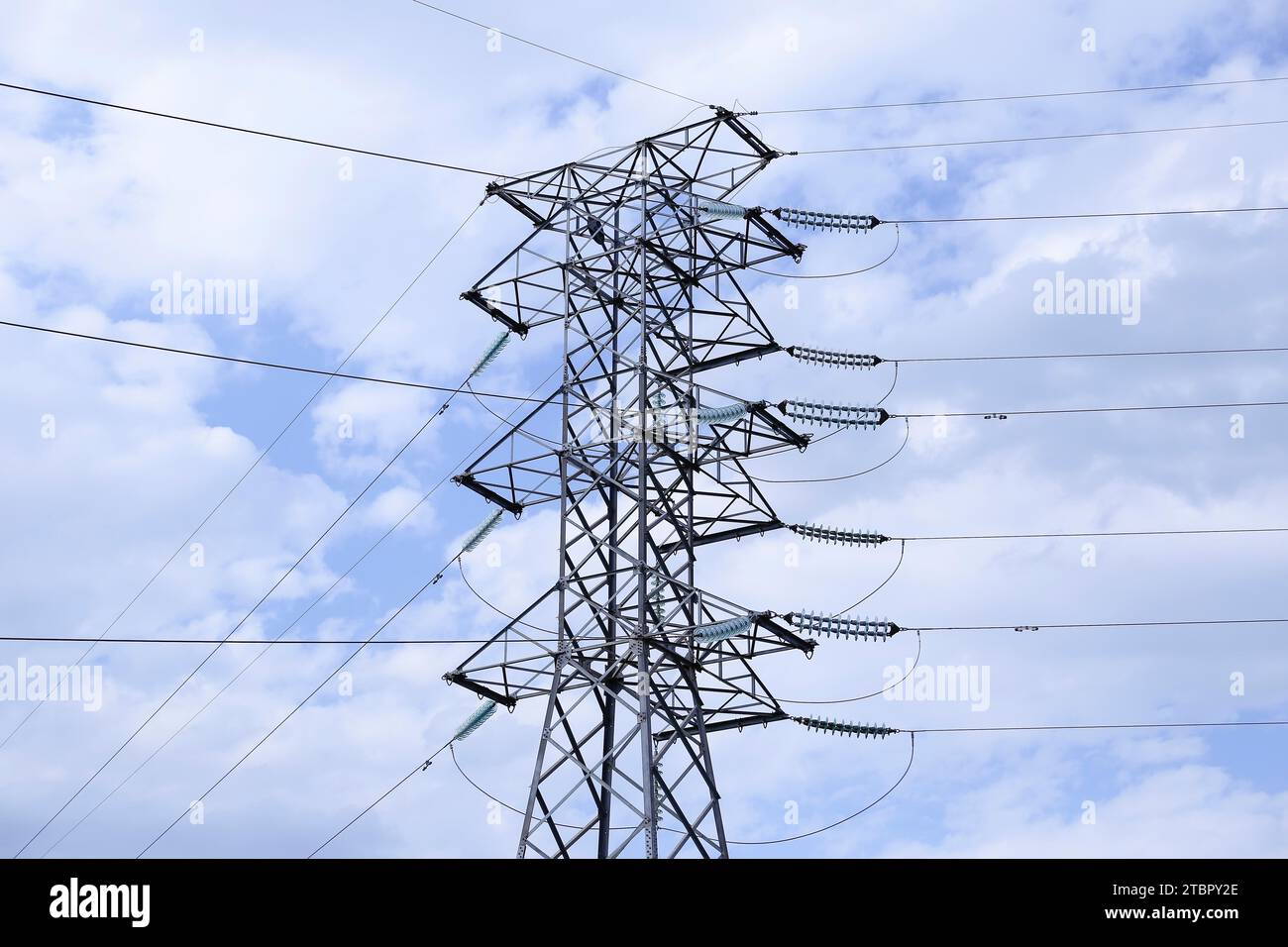 Torretta di trasmissione dell'energia elettrica e cavi di alimentazione elettrica Foto Stock