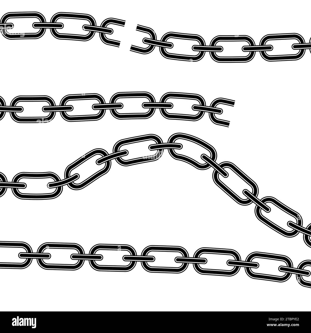 Set di diverse catene grafiche silhouette, piegato e ondulato, maglie catena in metallo rotte, illustrazione vettoriale isolata Illustrazione Vettoriale