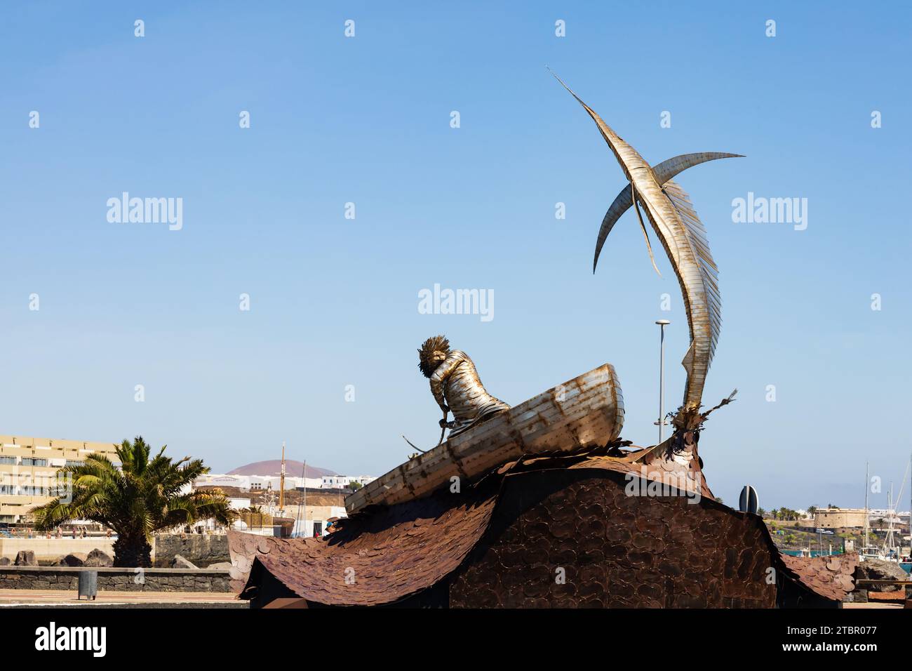Statua di pesce di marlin d'acciaio, Av Olof Palme, Arrecife, Lanzarote, Las Palmas, Spagna Foto Stock