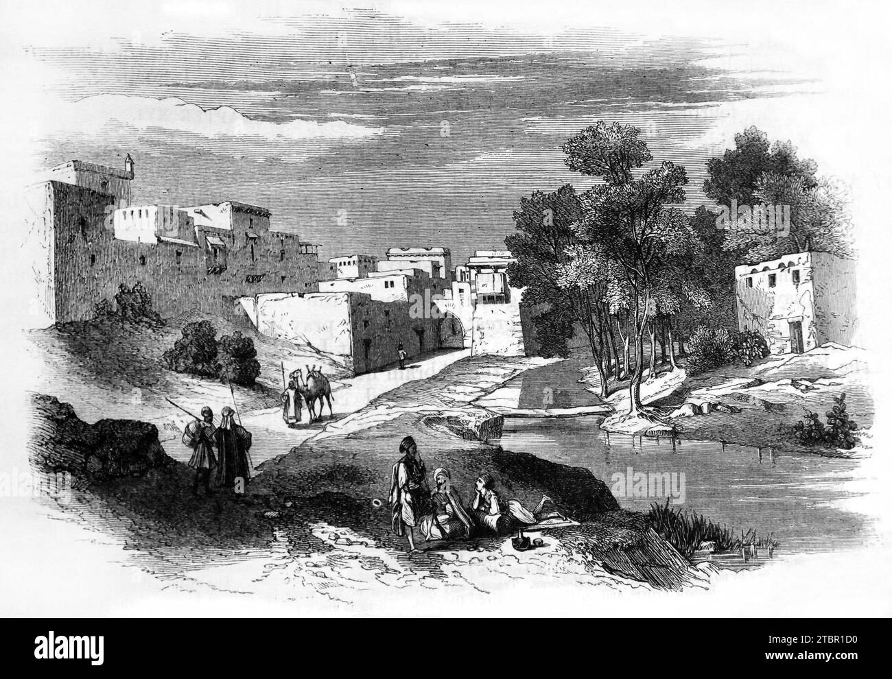 Illustrazione di parte del quartiere cristiano di Damasco Siria nella Bibbia familiare illustrata antica del XIX secolo Foto Stock