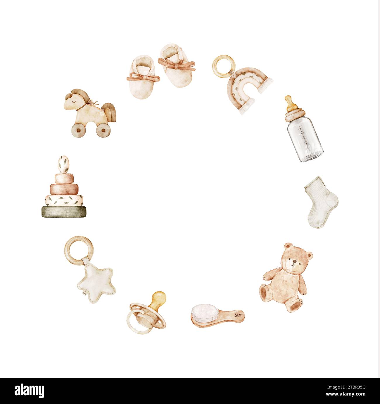 Cornice rotonda con giocattoli e accessori per bambini. Illustrazione del neonato ad acquerello. Modello per cartoline, poster, docce per bambini, inviti, cele neonato Foto Stock